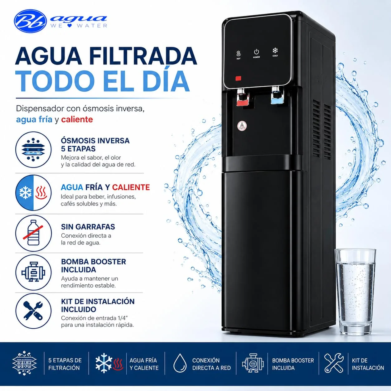 Vista 5 de Bbagua Dispensador de Agua con Ósmosis Inversa 5 Etapas, Frío y Caliente