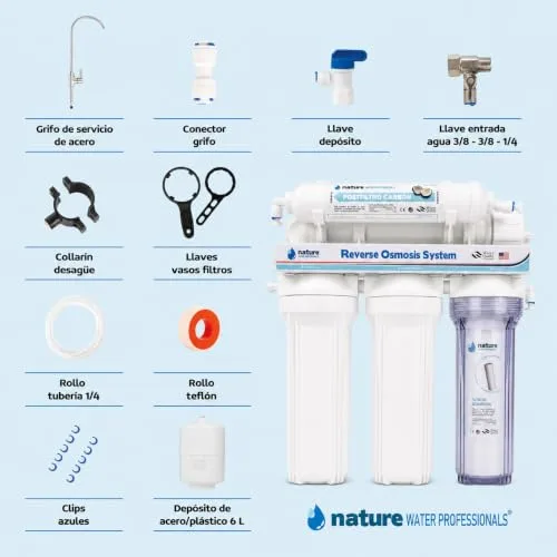 Vista 2 de Equipo de Osmosis Inversa - Kit para Osmosis de 5 Etapas - Capacidad para 6 L - Incluye Membrana de 75GPD, Deposito de Agua y Filtros - Nature Water Professionals