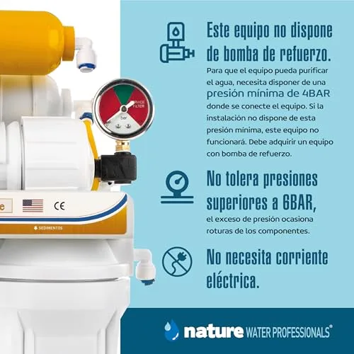 Vista 4 de NATURE WATER PROFESSIONALS Equipo de Osmosis Inversa - Kit para Osmosis de 6 Etapas - Capacidad para 5 L - Incluye Membrana Vontron de 50GPD, Deposito y Filtros