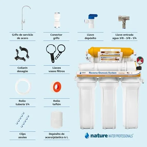 Vista 5 de NATURE WATER PROFESSIONALS Equipo de Osmosis Inversa - Kit para Osmosis de 6 Etapas - Capacidad para 5 L - Incluye Membrana Vontron de 50GPD, Deposito y Filtros